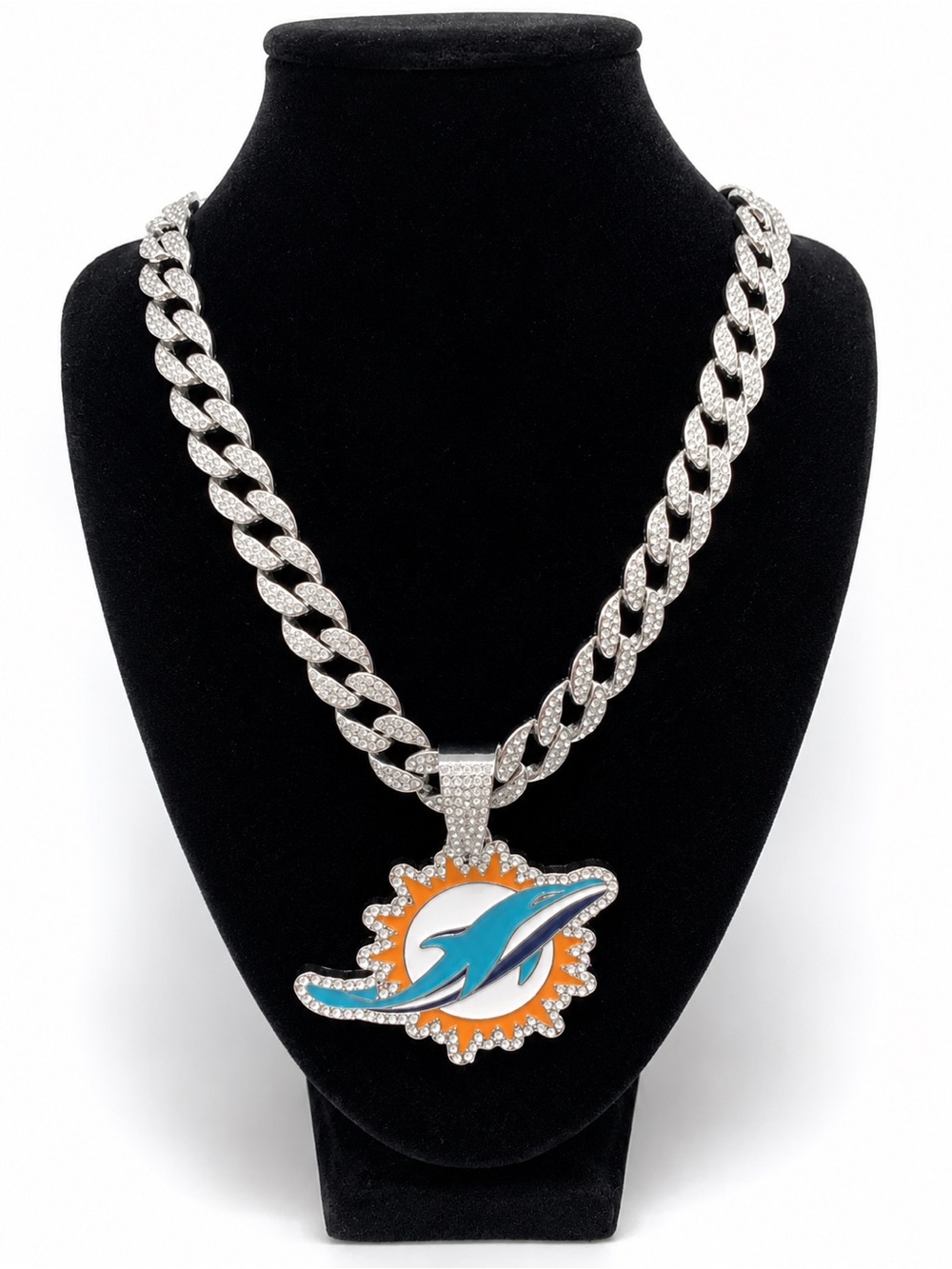 NFL Miami Dolphins Pendant Cuban Link Chain Necklace - Silver & Orange